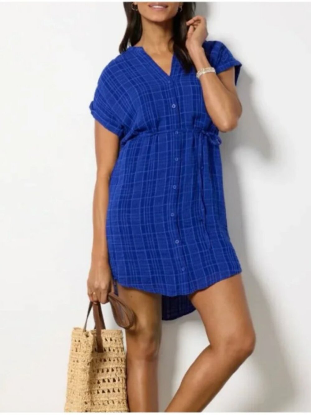 Cloth & Stone EUC Belted Shirred Mini Dress in Tropical Twilight; Size Large